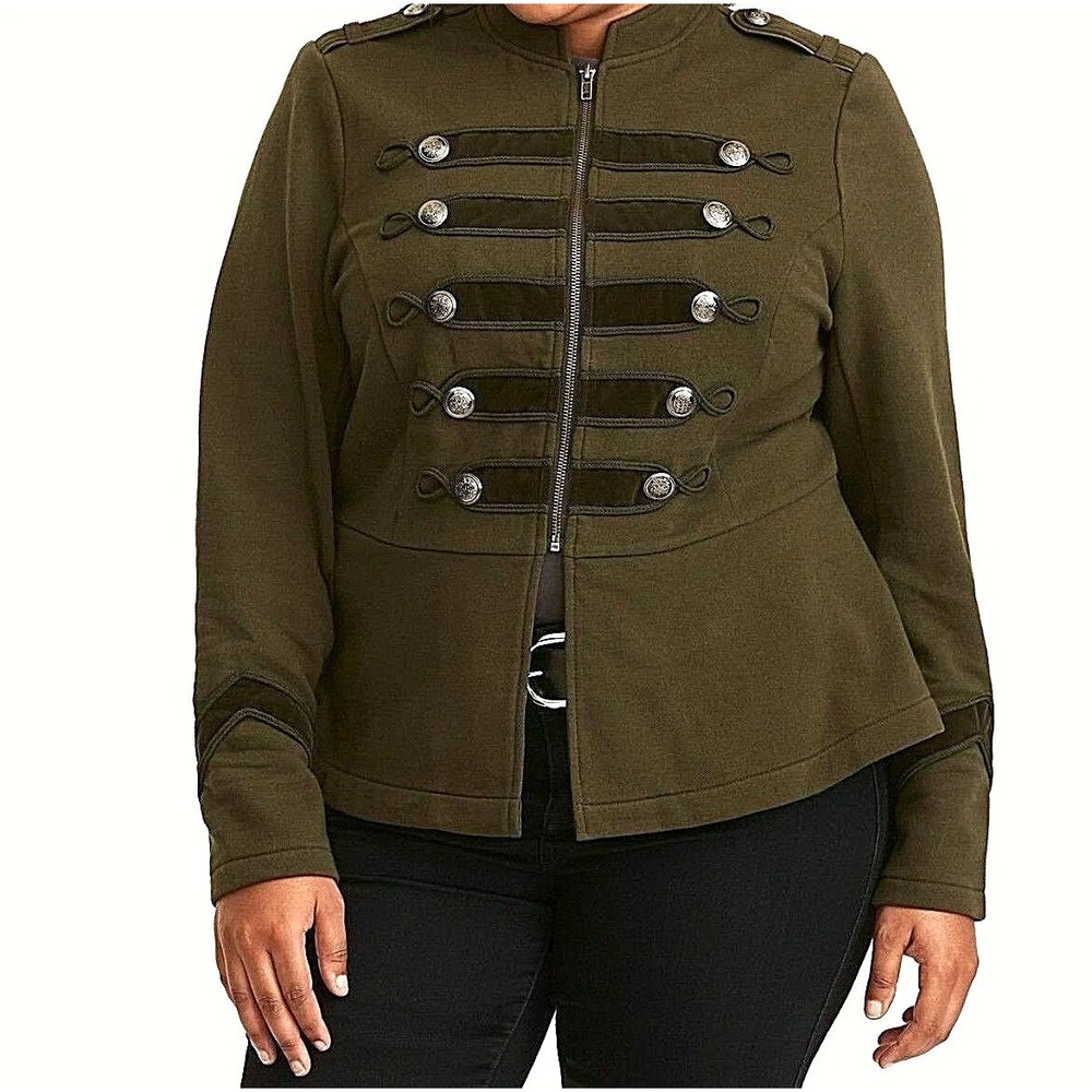 Torrid Olive Green Military Jacket Velvet Trim Crest Button French Terry 00 L/XL